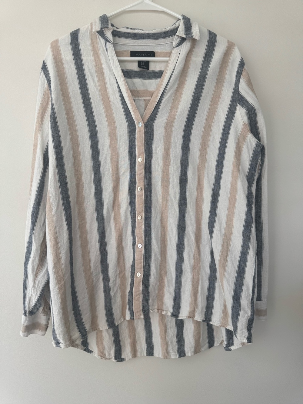 Tahari Striped Linen Blend Button Down Beige Navy Coastal Resort Beach Sz XL